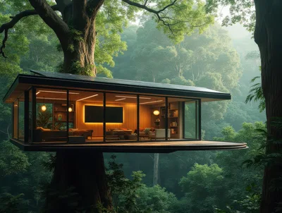 Modern Glass Treehouse Cabin In Lush Forest