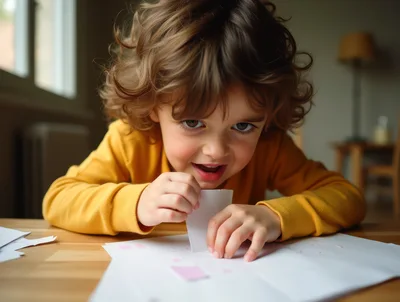 Young Child Playing With Paper At A Table