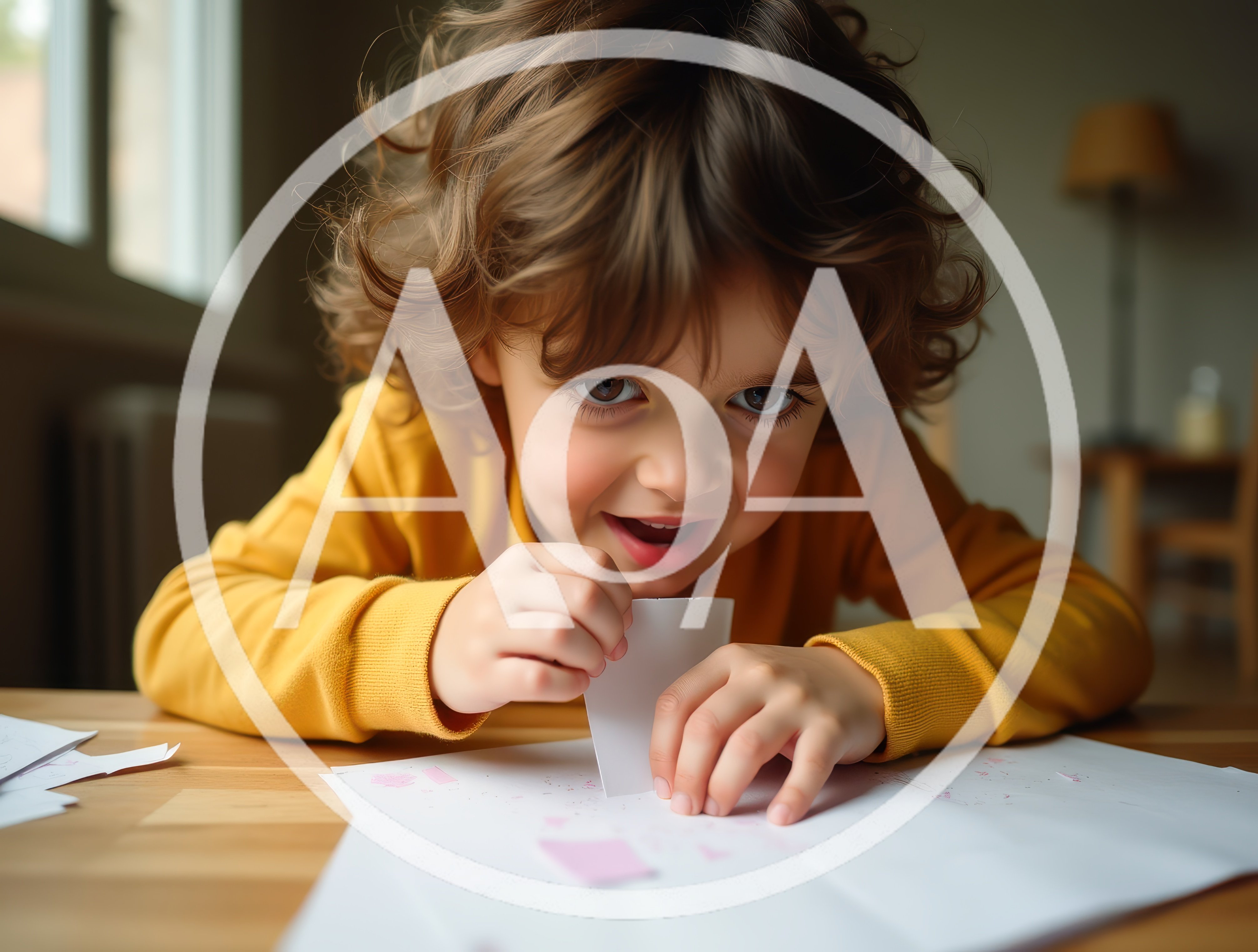 Young Child Playing With Paper At A Table