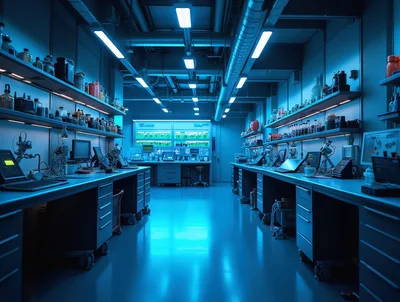 Futuristic Laboratory Interior With Scientific Equipment And Computers