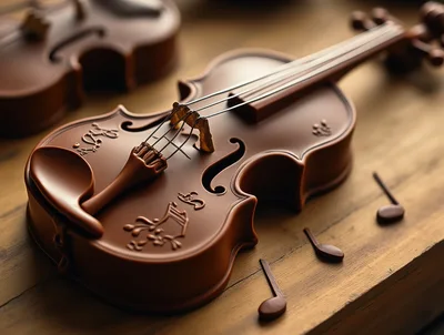 Chocolate Violin Sculptures on Wooden Surface