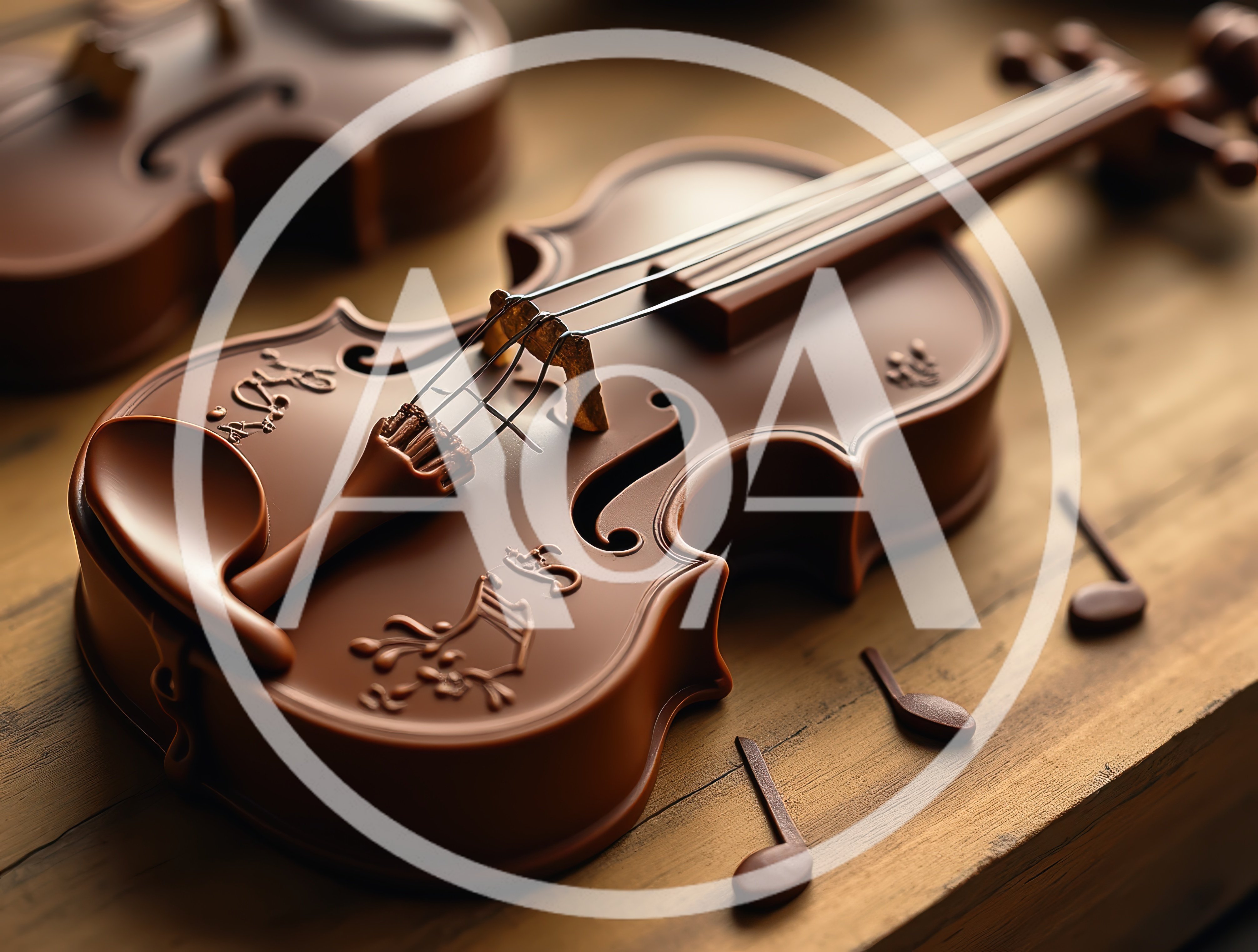 Chocolate Violin Sculptures on Wooden Surface