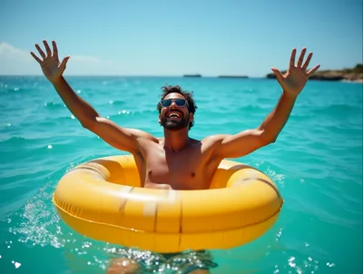 Happy Man Floating In Yellow Inner Tube