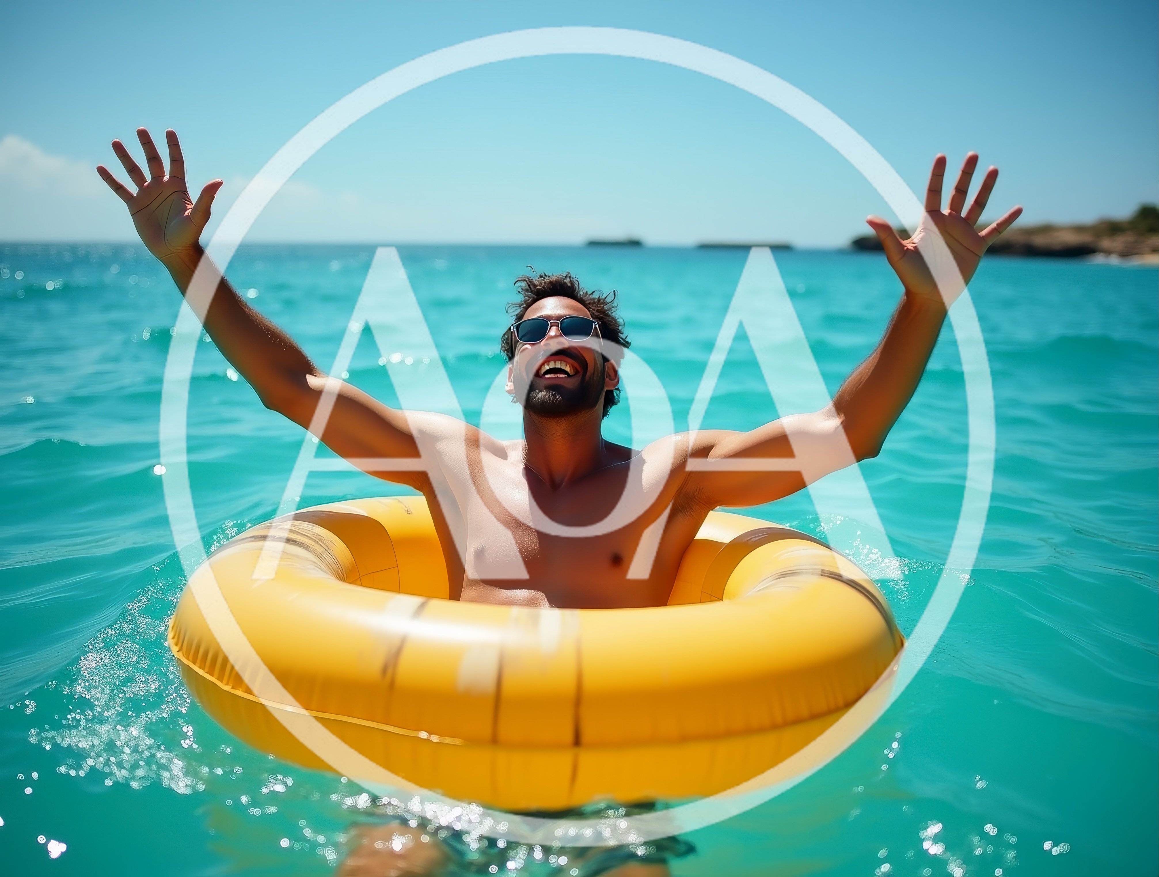 Happy Man Floating In Yellow Inner Tube
