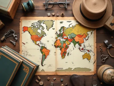 Vintage World Map With Travel Accessories On Wooden Table