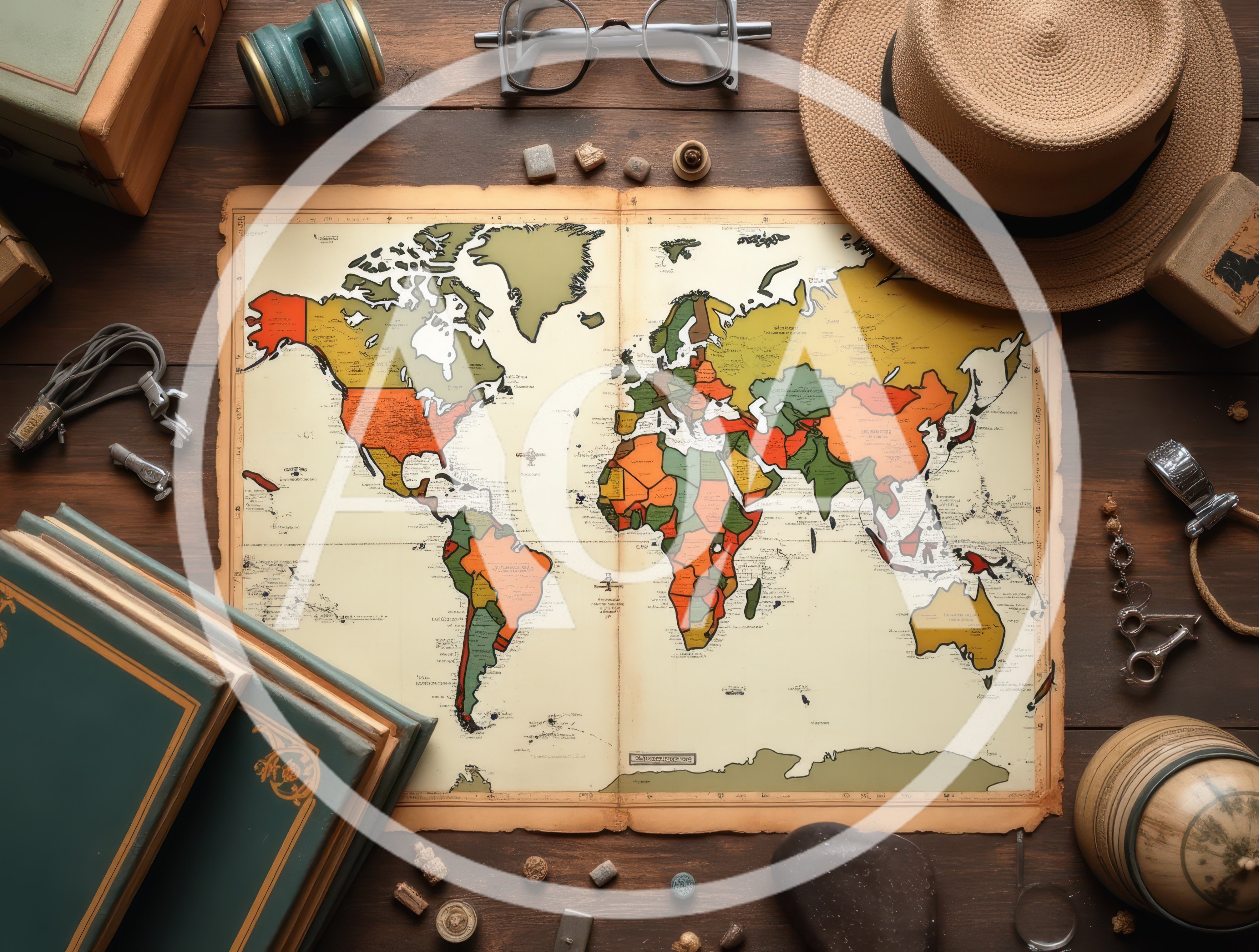 Vintage World Map With Travel Accessories On Wooden Table