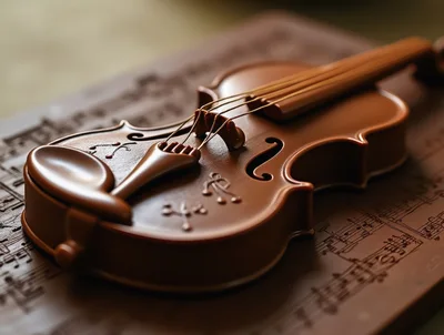 Chocolate Violin Sculpture Resting On Musical Sheet Music