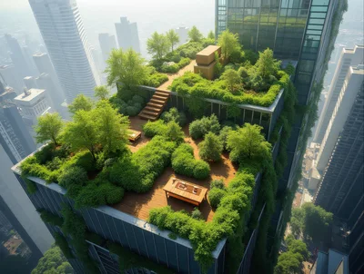 Modern Skyscraper Rooftop Garden With Lush Greenery