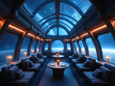 Futuristic Space Station Lounge With Panoramic Earth Views