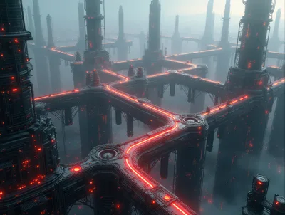 Futuristic Industrial Megastructure With Glowing Red Energy Pathways