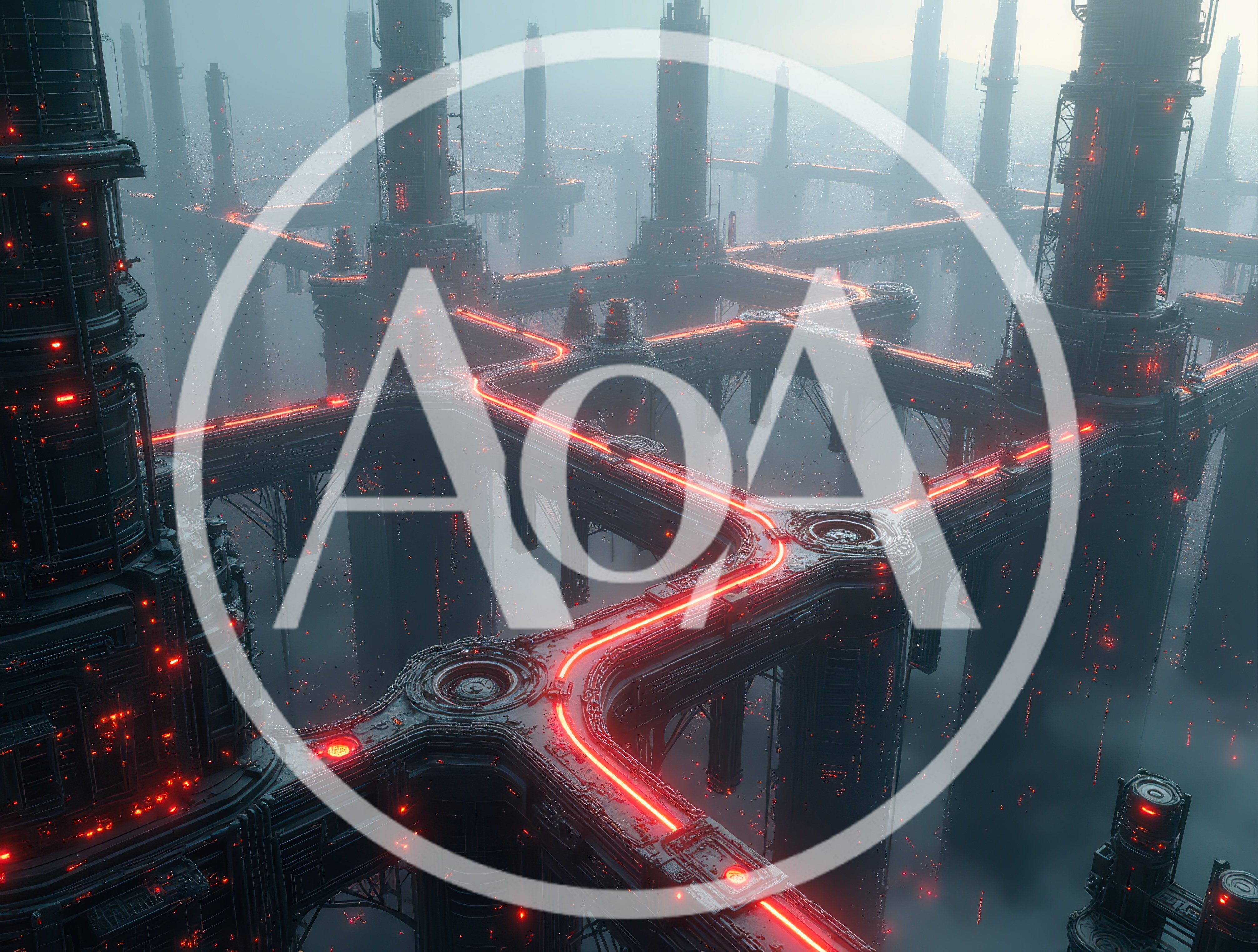Futuristic Industrial Megastructure With Glowing Red Energy Pathways