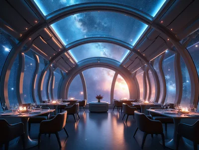 Futuristic Space Restaurant With Panoramic Starry View
