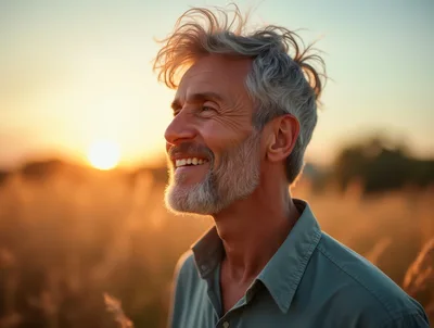 Smiling Mature Man Enjoying Sunset in Golden Field
