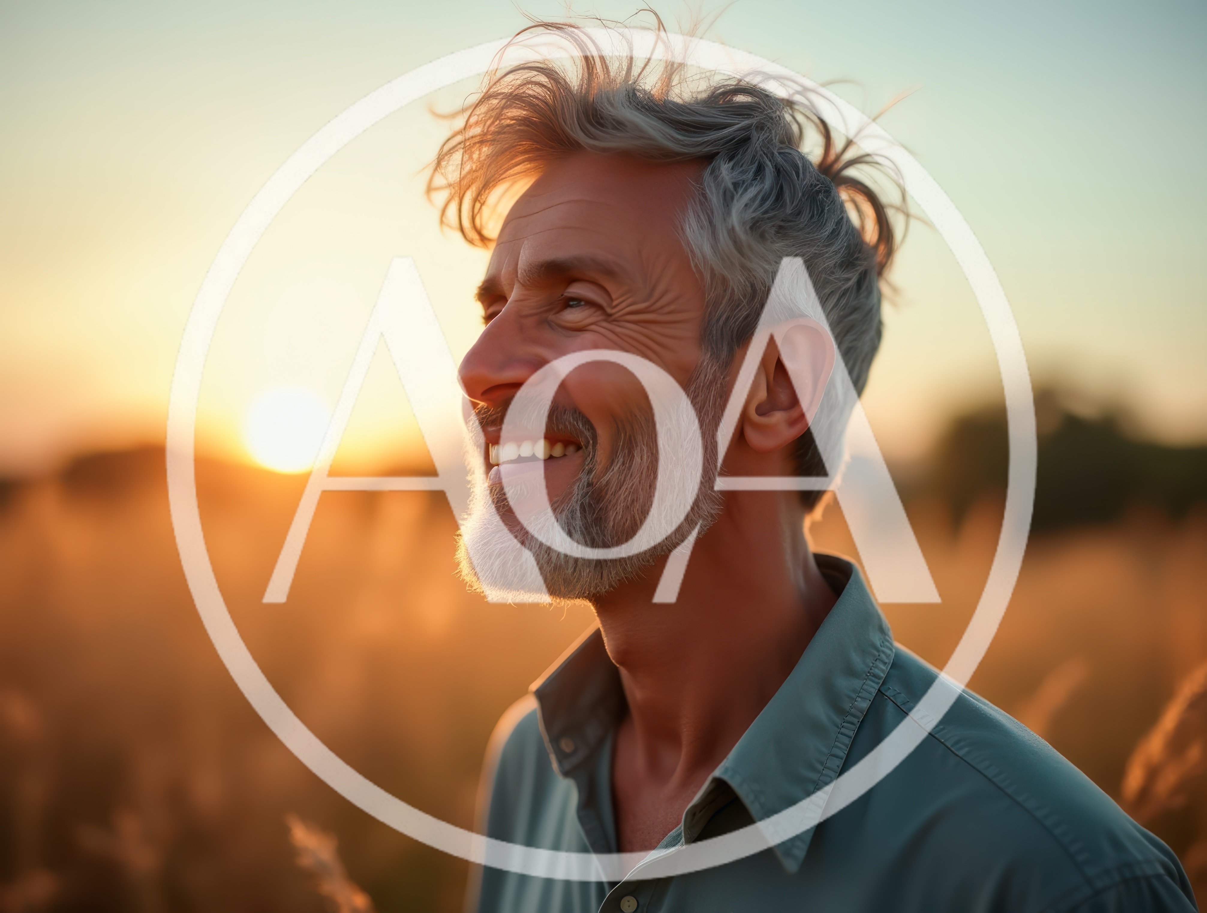 Smiling Mature Man Enjoying Sunset in Golden Field
