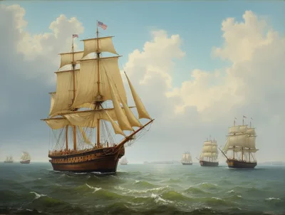 Fleet of Tall Ships Sailing on Open Ocean