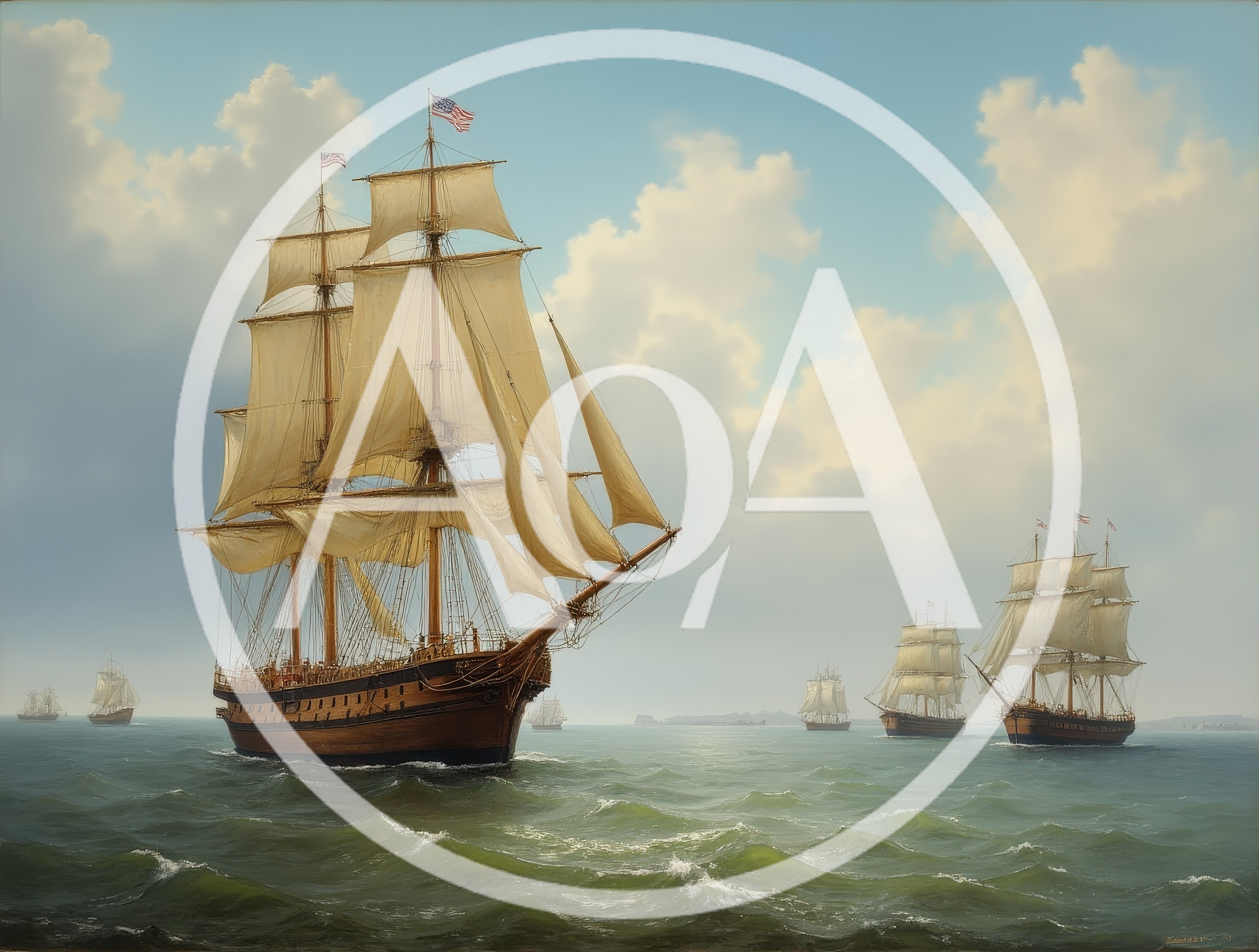 Fleet of Tall Ships Sailing on Open Ocean