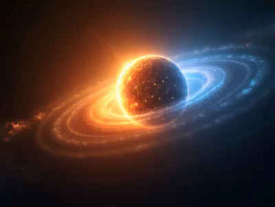 Duality Planet With Glowing Orange And Blue Rings