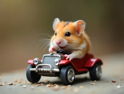 Cute Hamster Driving A Miniature Red Vintage Car