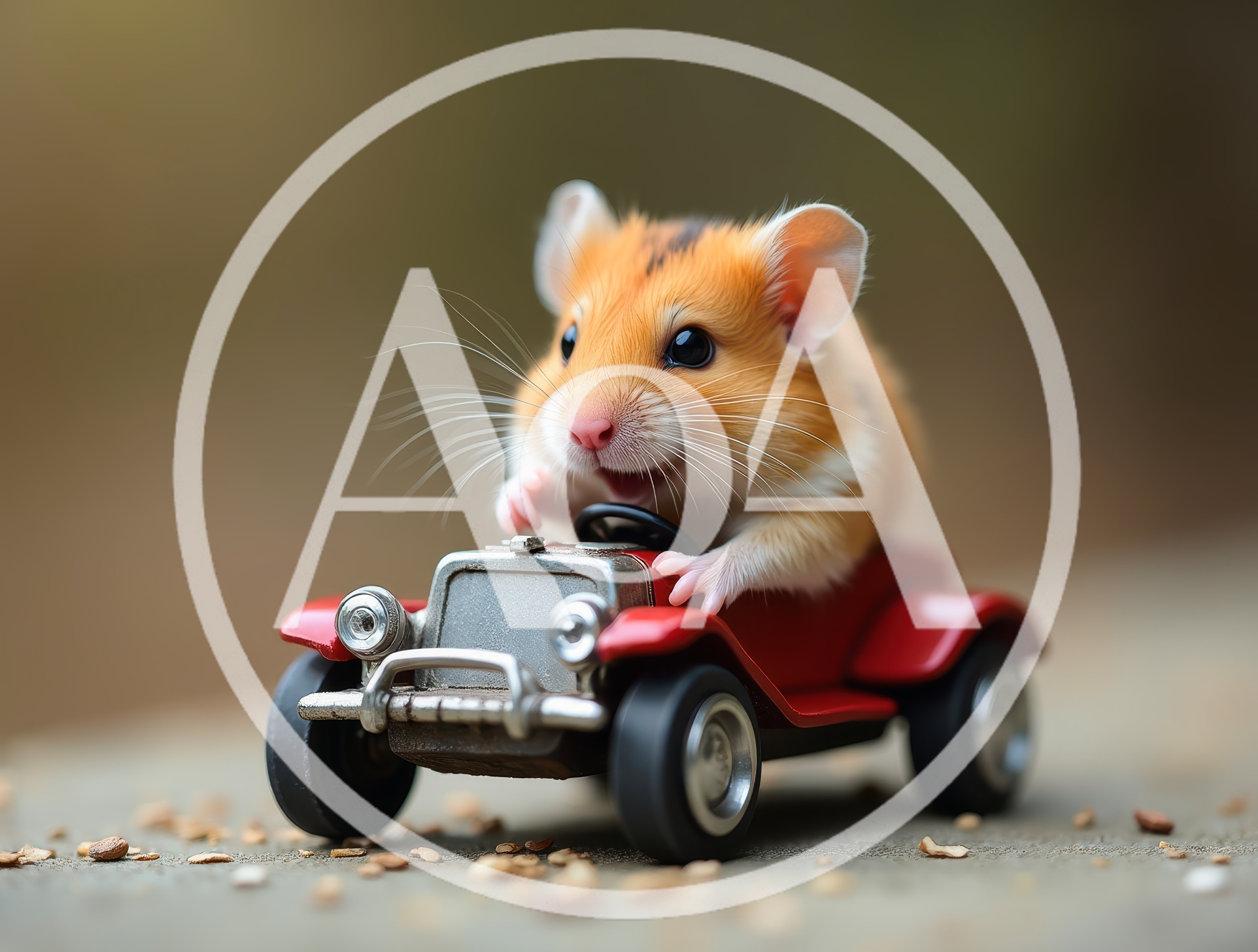 Cute Hamster Driving A Miniature Red Vintage Car