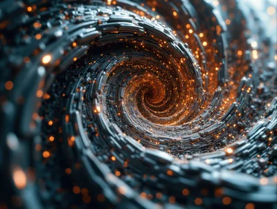 Abstract Digital Vortex With Glowing Orange Particles