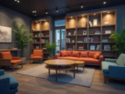 Modern Living Room Interior With Orange Sofa And Bookshelves