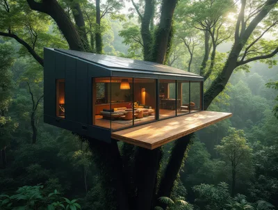 Modern Glass Treehouse Cabin In Lush Forest