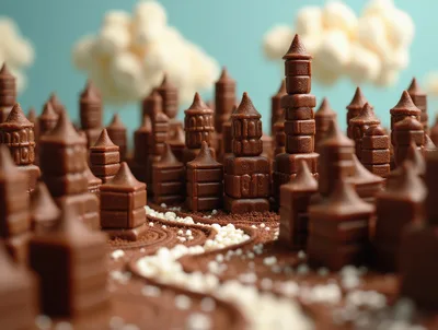 Miniature Chocolate Cityscape With Marshmallow Clouds
