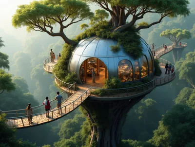 Futuristic Treehouse Resort With Suspension Bridges In Lush Forest