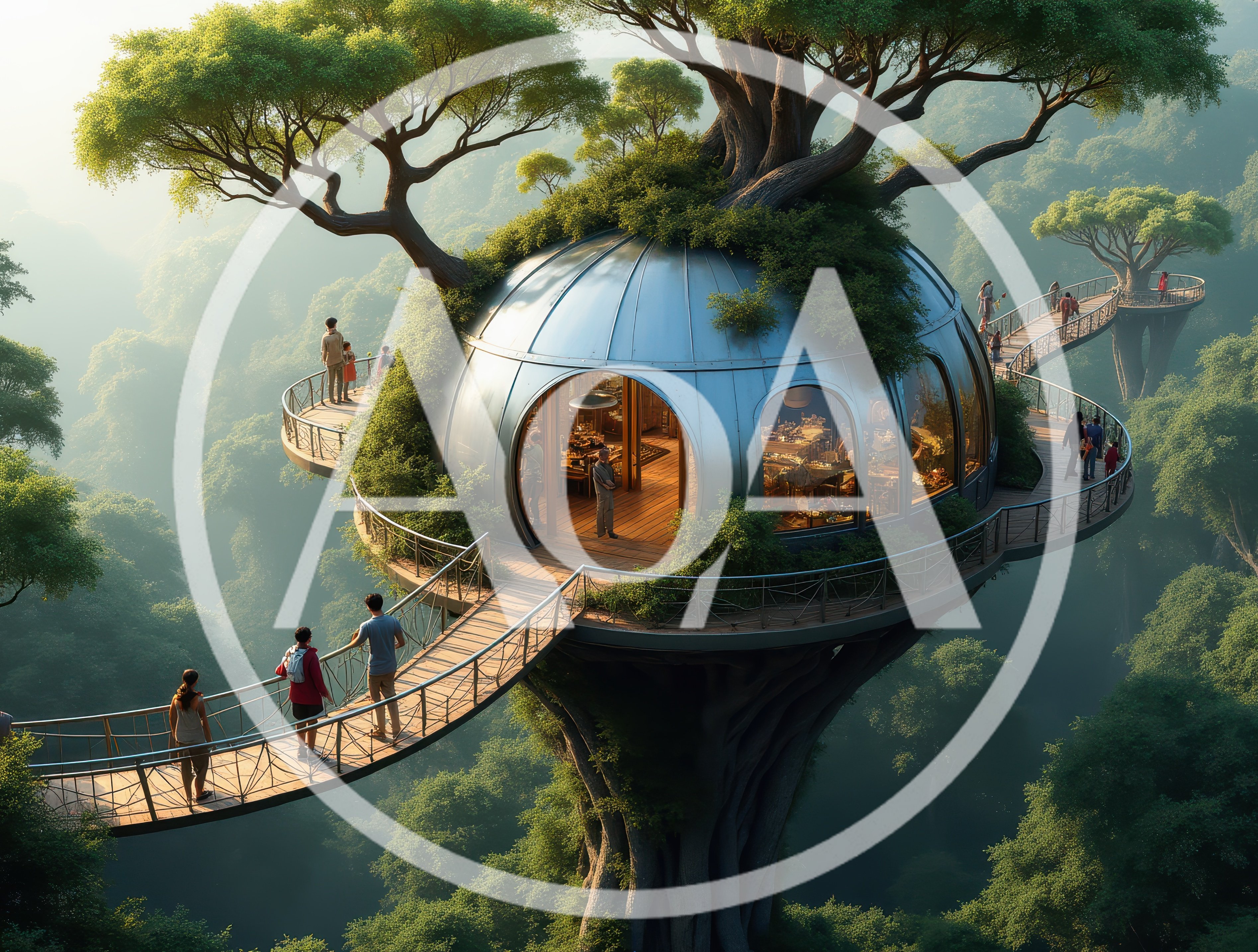 Futuristic Treehouse Resort With Suspension Bridges In Lush Forest