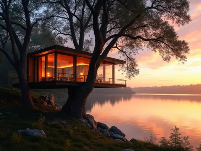 Modern Glass Treehouse Cabin Overlooking A Calm Lake