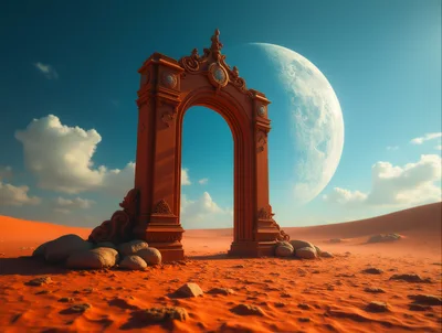 Ancient Ornate Stone Archway in Desert Landscape