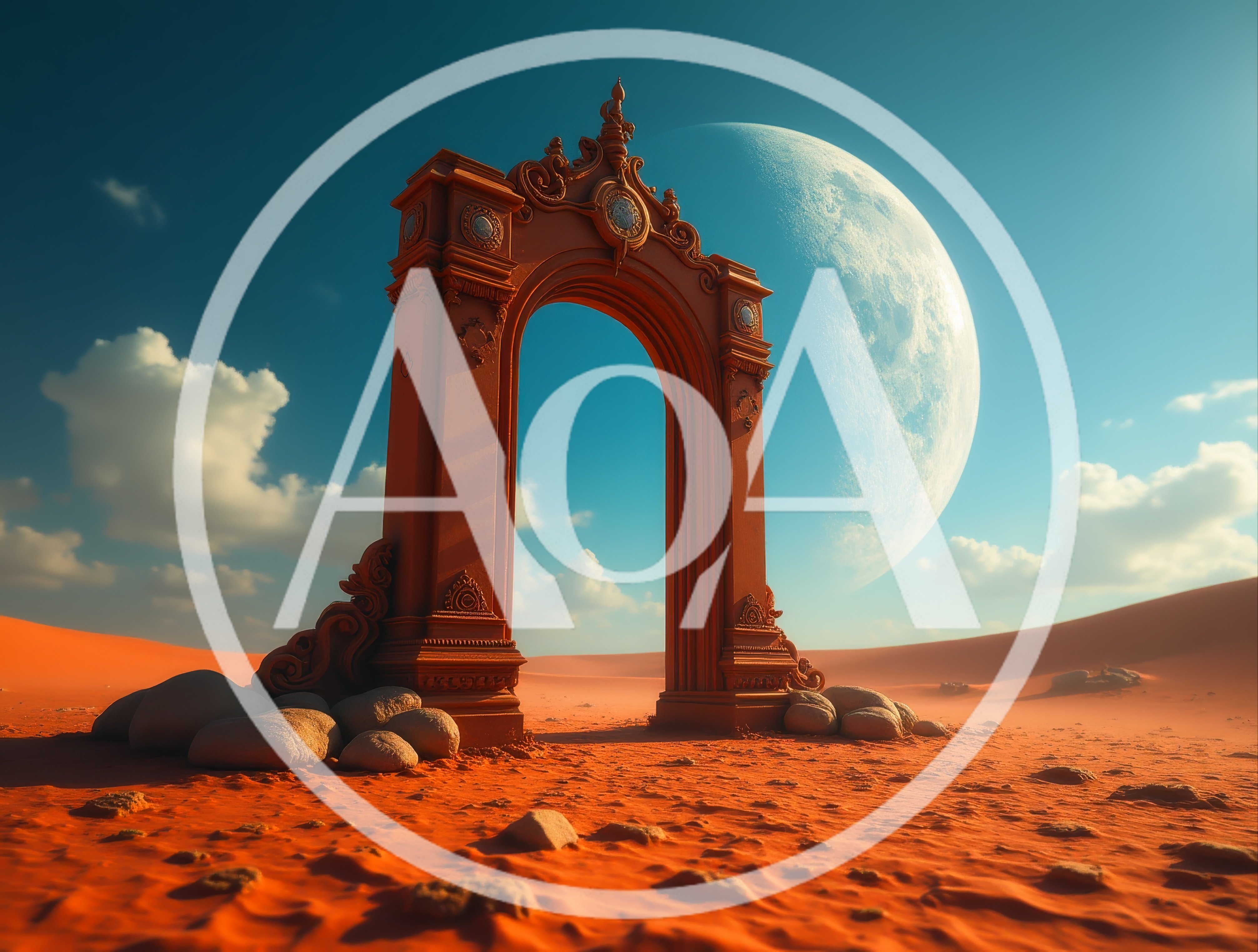 Ancient Ornate Stone Archway in Desert Landscape