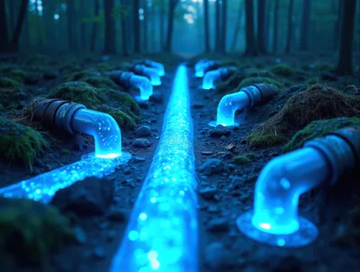 Glowing Blue Energy Pipes In A Dark Forest
