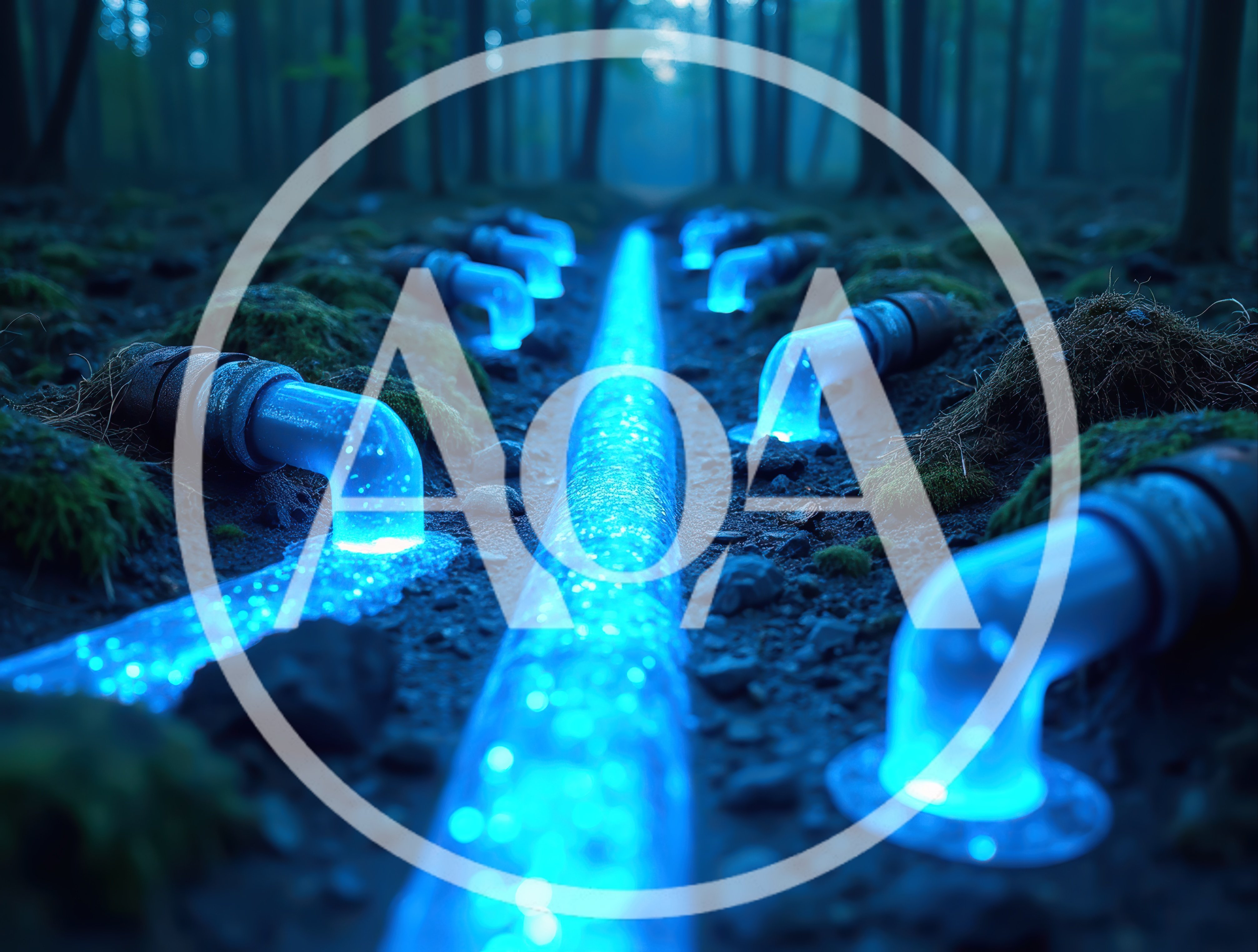 Glowing Blue Energy Pipes In A Dark Forest