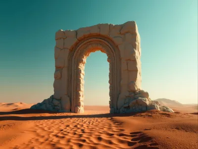 Ancient Stone Archway Standing Alone In A Vast Desert