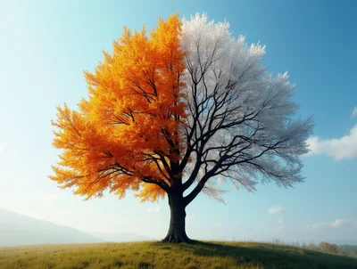 Split Season Tree With Autumn And Winter Foliage