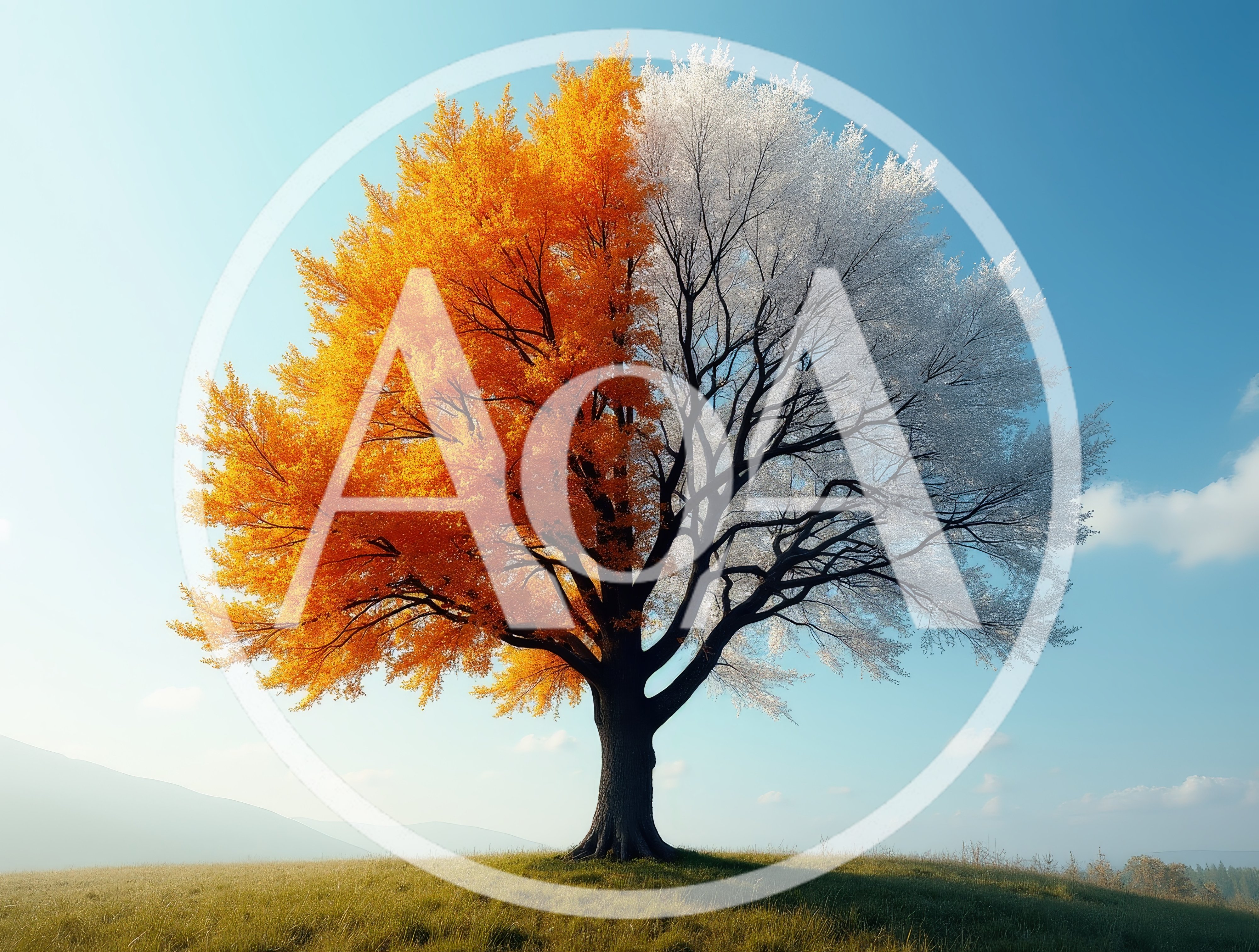 Split Season Tree With Autumn And Winter Foliage