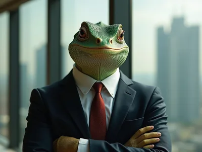 Anthropomorphic Lizard Businessman Standing In Office