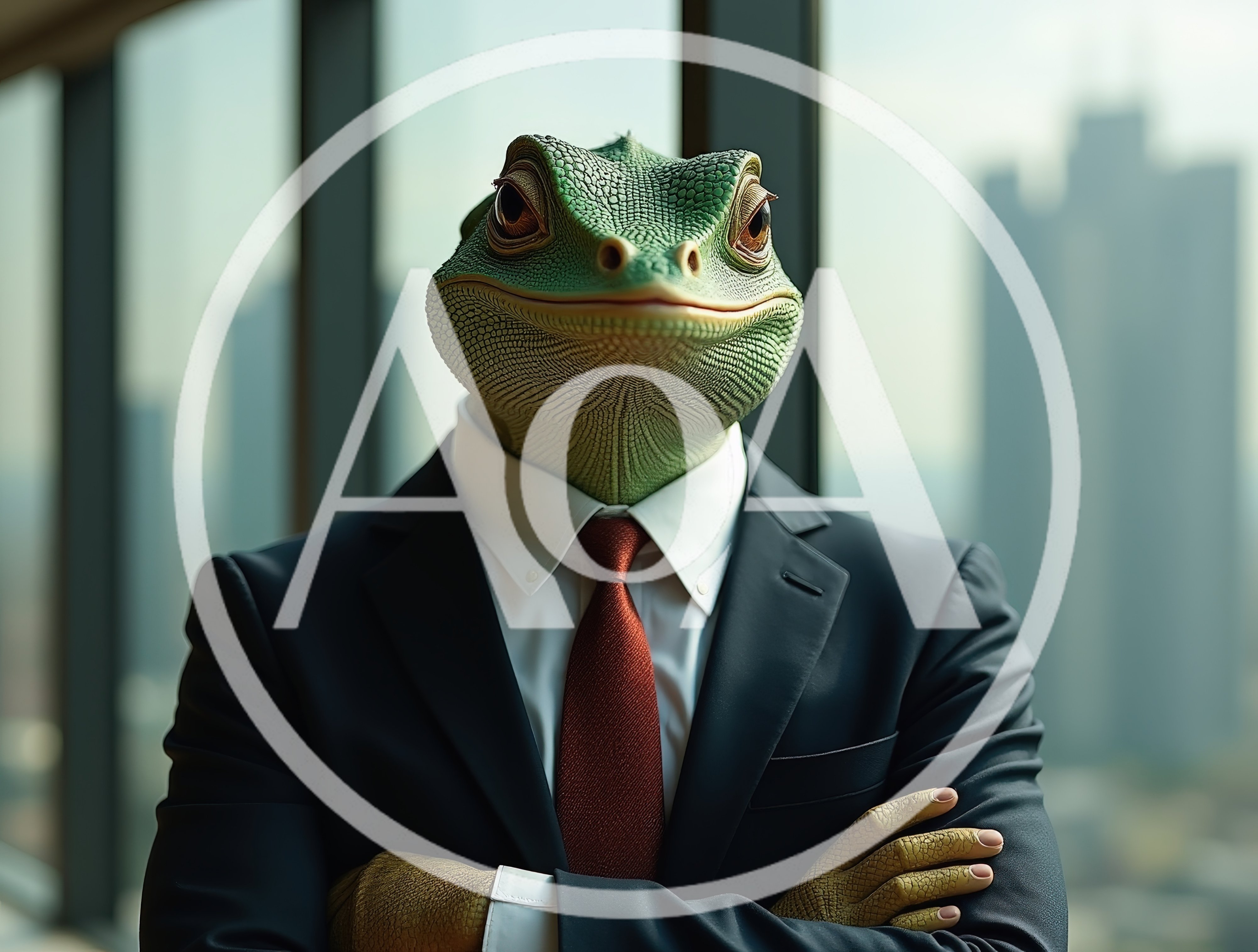 Anthropomorphic Lizard Businessman Standing In Office