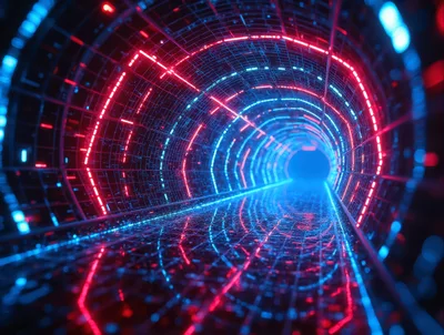 Futuristic Digital Tunnel With Glowing Neon Light Rings
