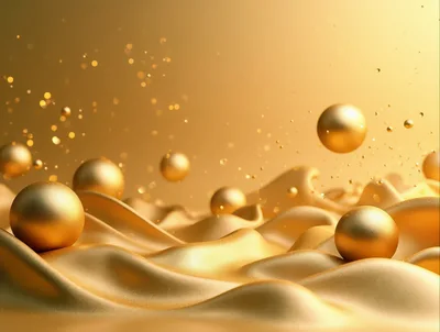 Abstract Golden Spheres Floating Over Liquid Gold Waves