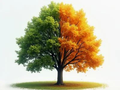 Split Season Tree With Green And Autumn Leaves