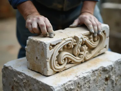 Stonemason Carving Intricate Decorative Stone Block