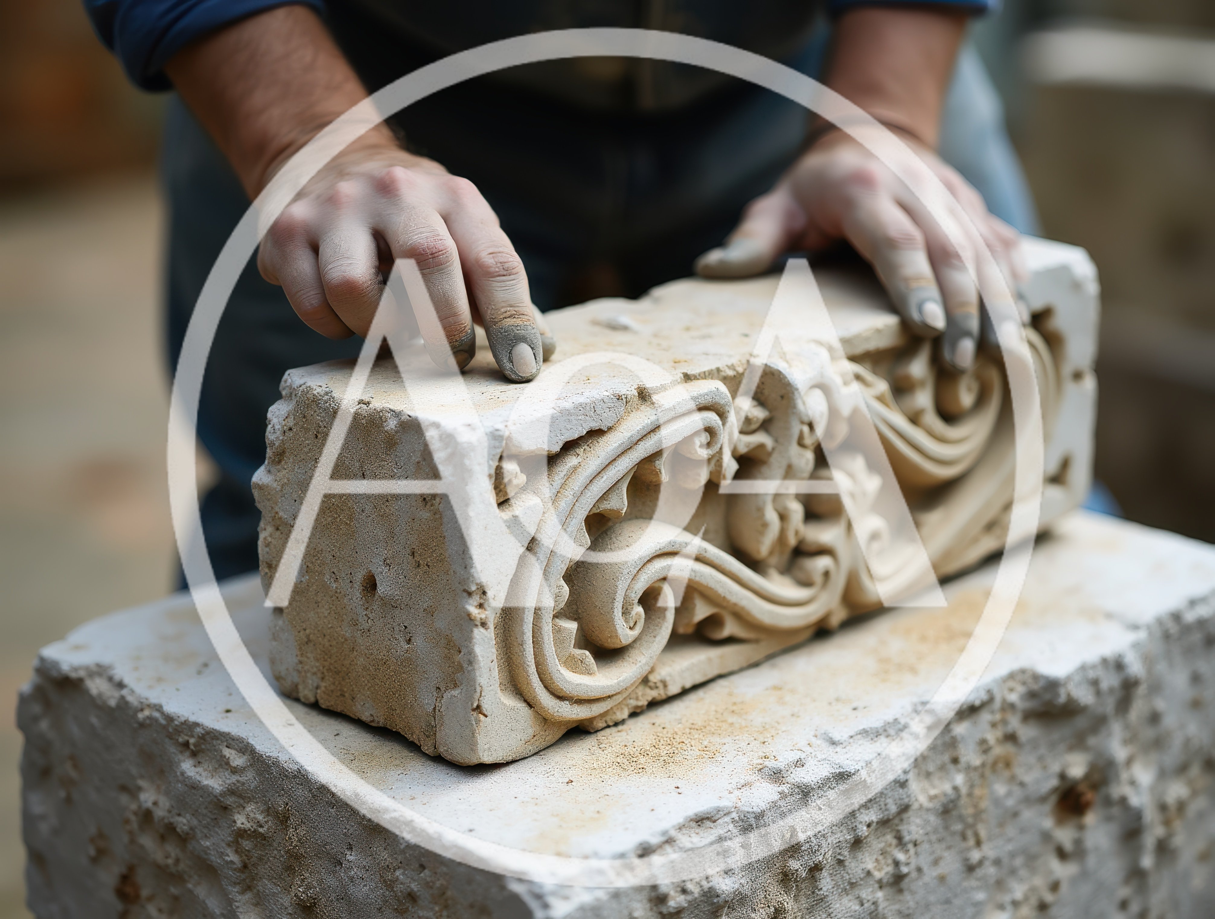 Stonemason Carving Intricate Decorative Stone Block