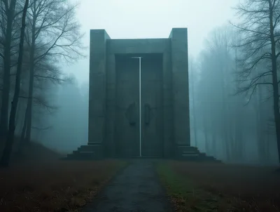 Massive Stone Gateway In A Misty Forest