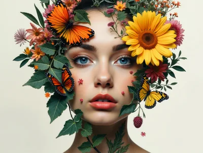 Portrait Of A Woman Adorned With Flowers And Butterflies