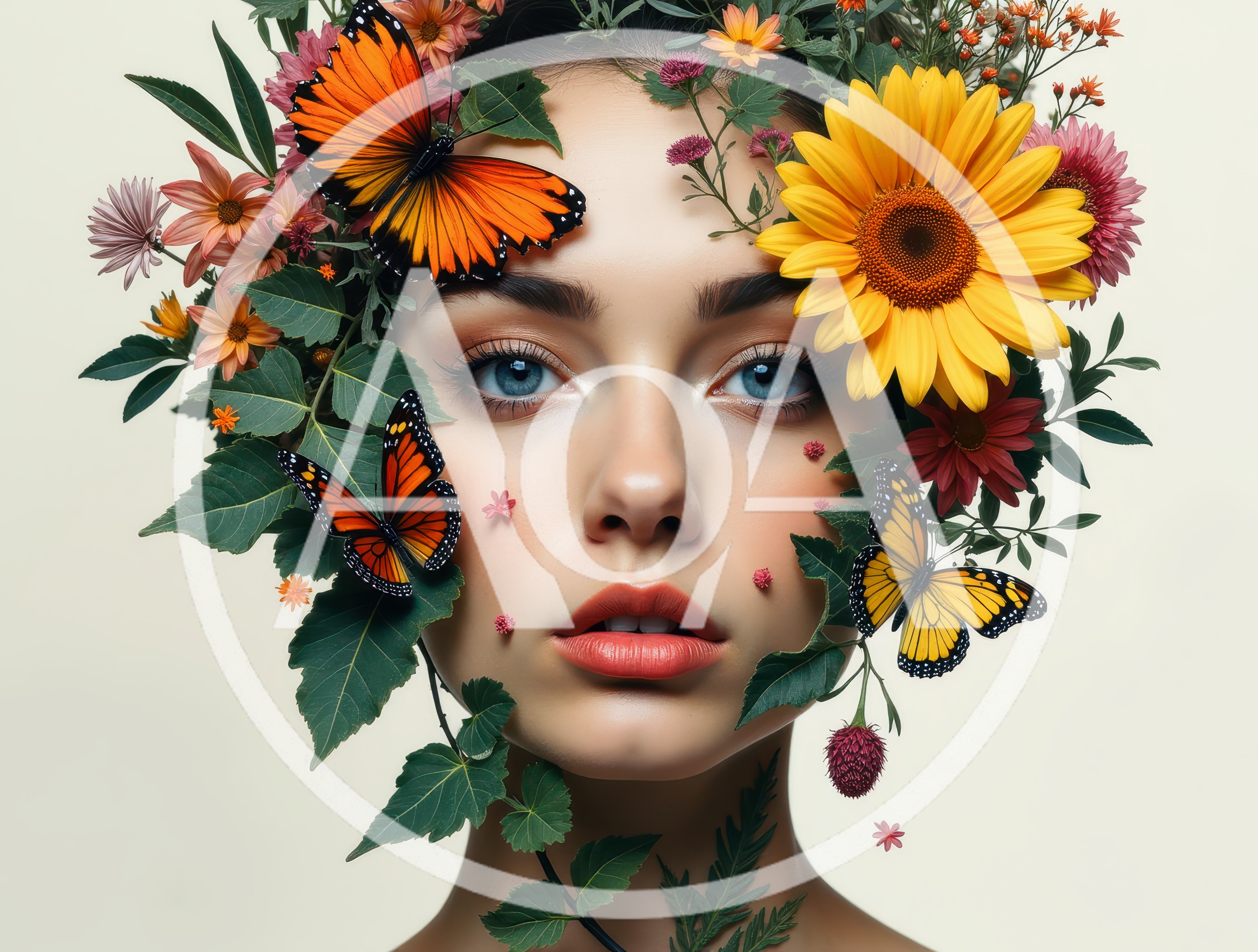 Portrait Of A Woman Adorned With Flowers And Butterflies