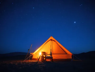 Illuminated Camping Tent Under A Starry Night Sky