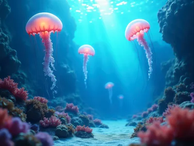 Bioluminescent Jellyfish Swimming Through A Vibrant Coral Reef
