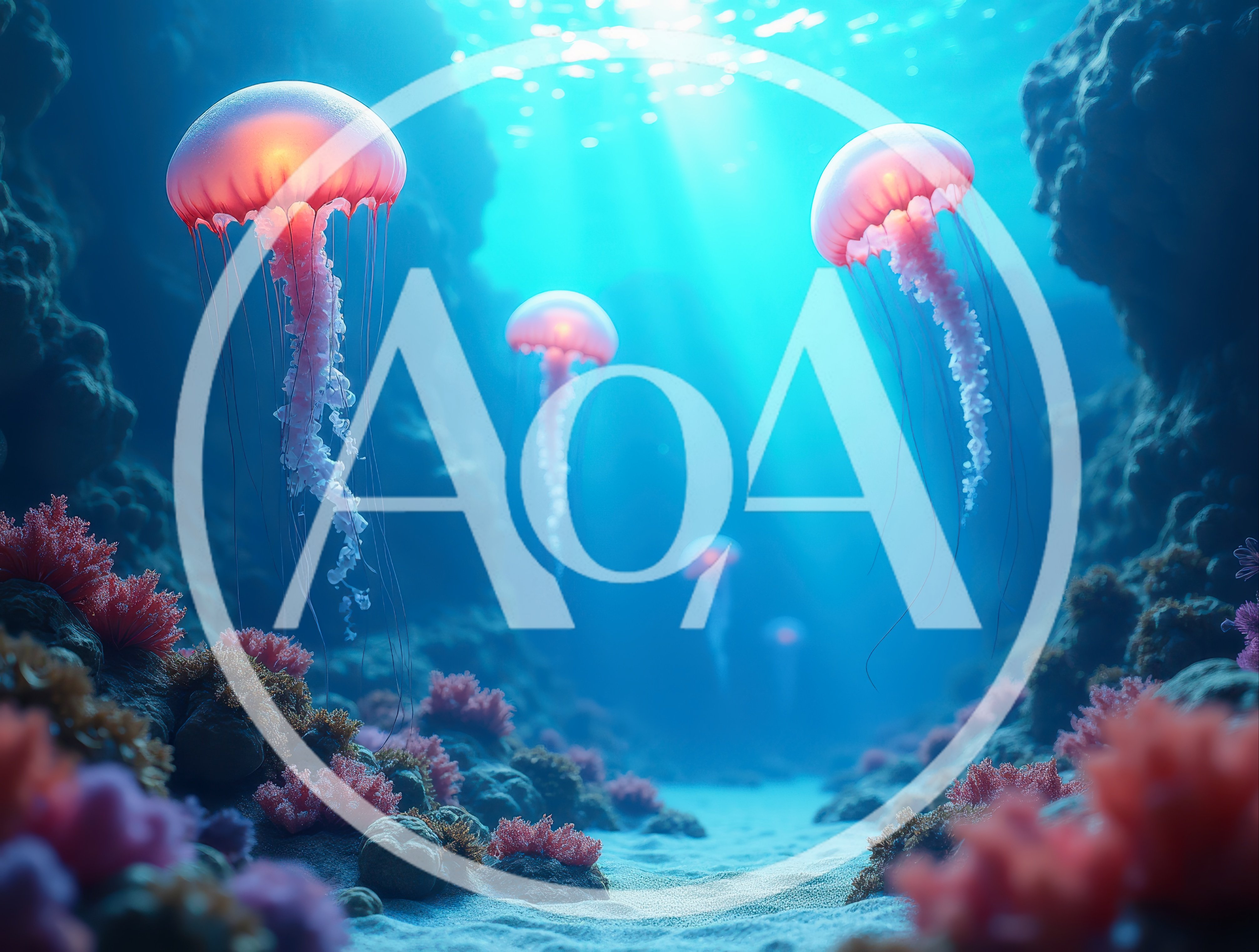 Bioluminescent Jellyfish Swimming Through A Vibrant Coral Reef
